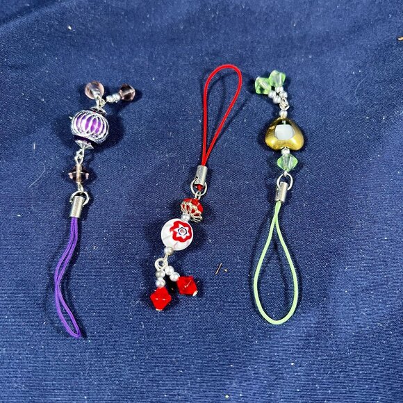 Set Of 3 Handmade Beaded Bag Charms With Red Green & Purple Straps - Picture 2 of 2